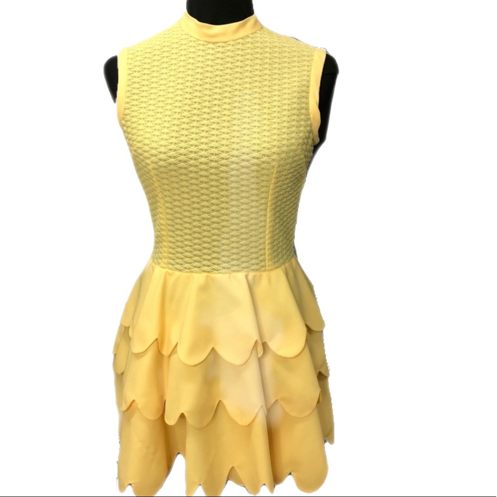 Vintage mustard yellow scalloped skirt dress